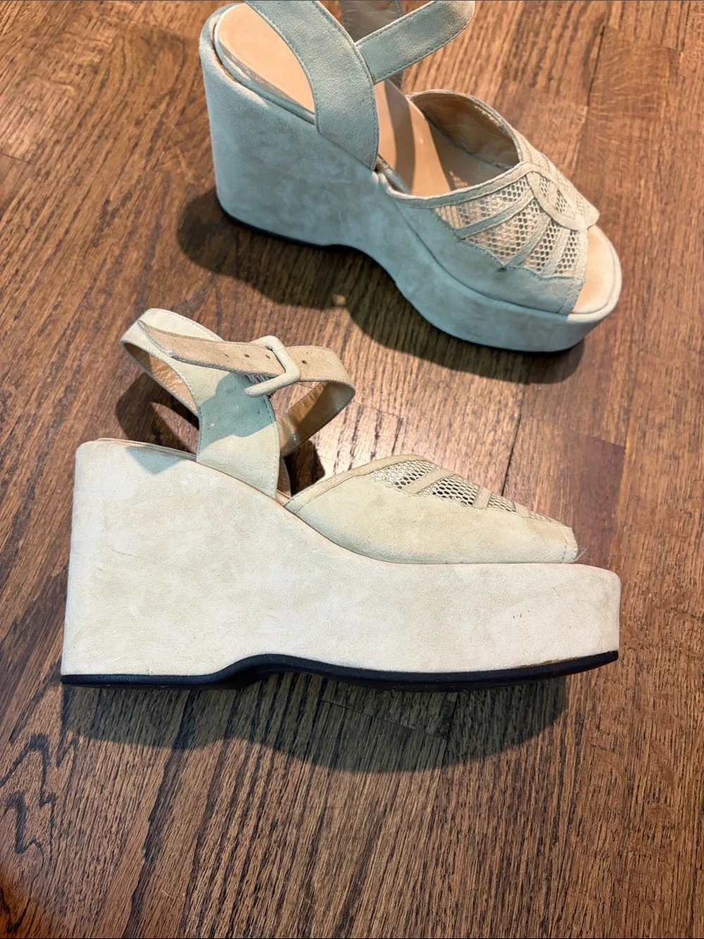 VARDA Size 6 1/2 Suede Laser-Cut Platform Sandals in Light Beige